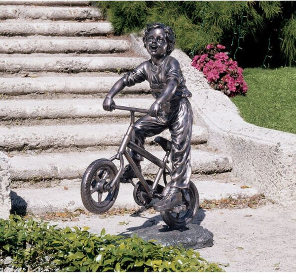 Boy Out For A Ride Bicycle Sculpture Outdoor Garden Decor child
